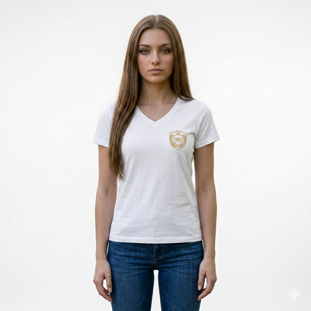 Ninety Minute | Gold Crest Logo V-Neck Tee | Women’s Cotton Crewneck