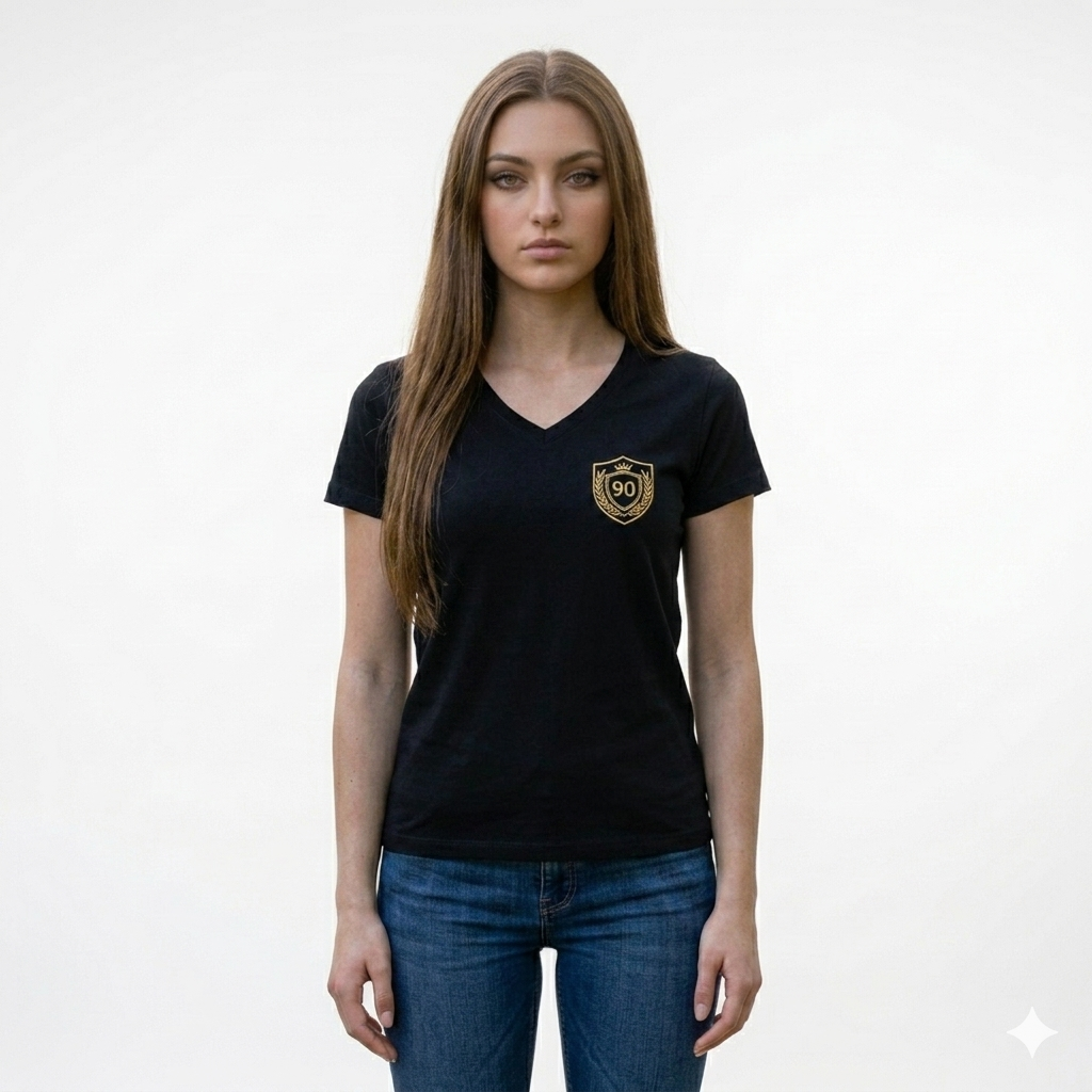 Ninety Minute | Gold Crest Logo V-Neck Tee | Women’s Cotton Crewneck